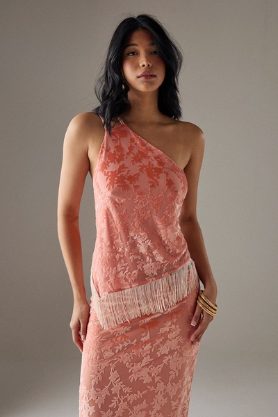 Warehouse Devore One Shoulder Fringe Cami Top Pink