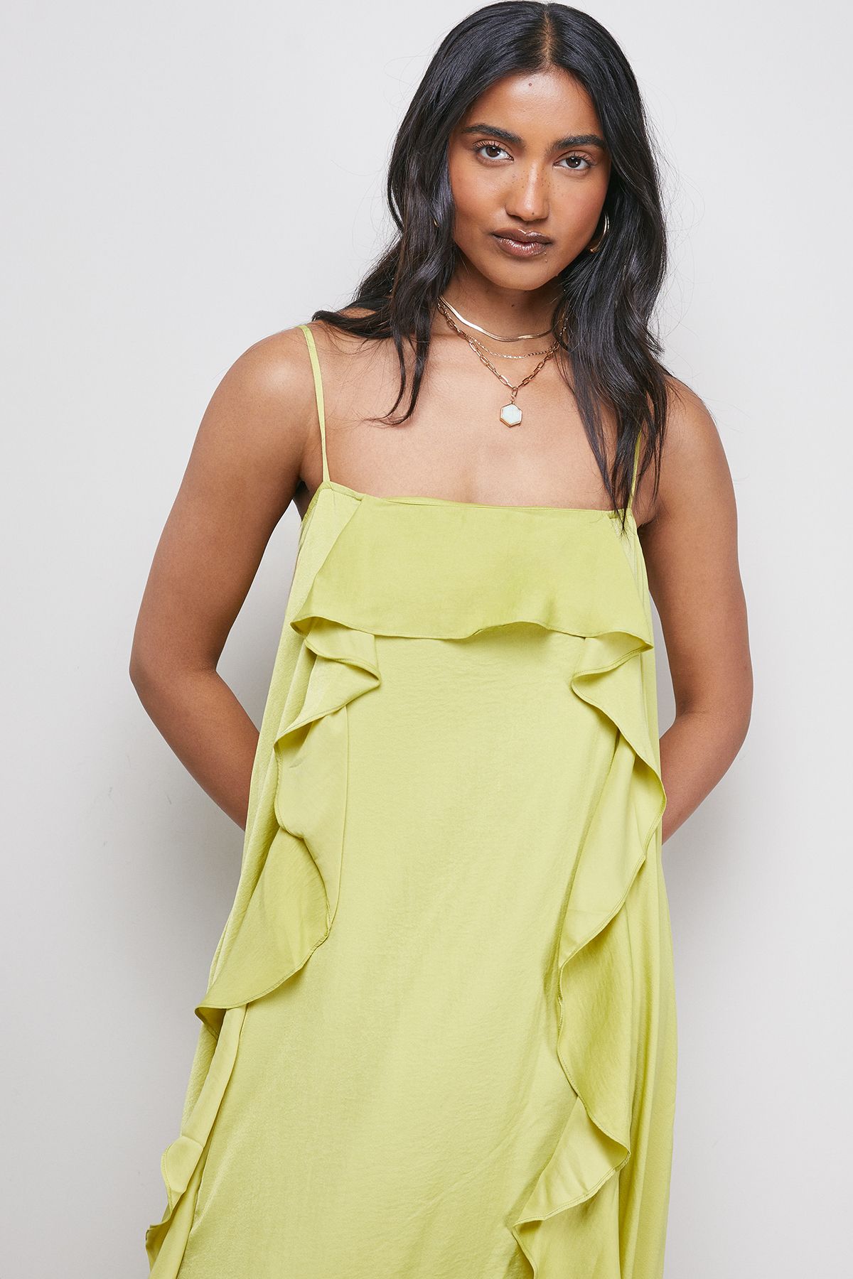 Warehouse Satin Strappy Ruffle Midi Dress Chartreuse image 4