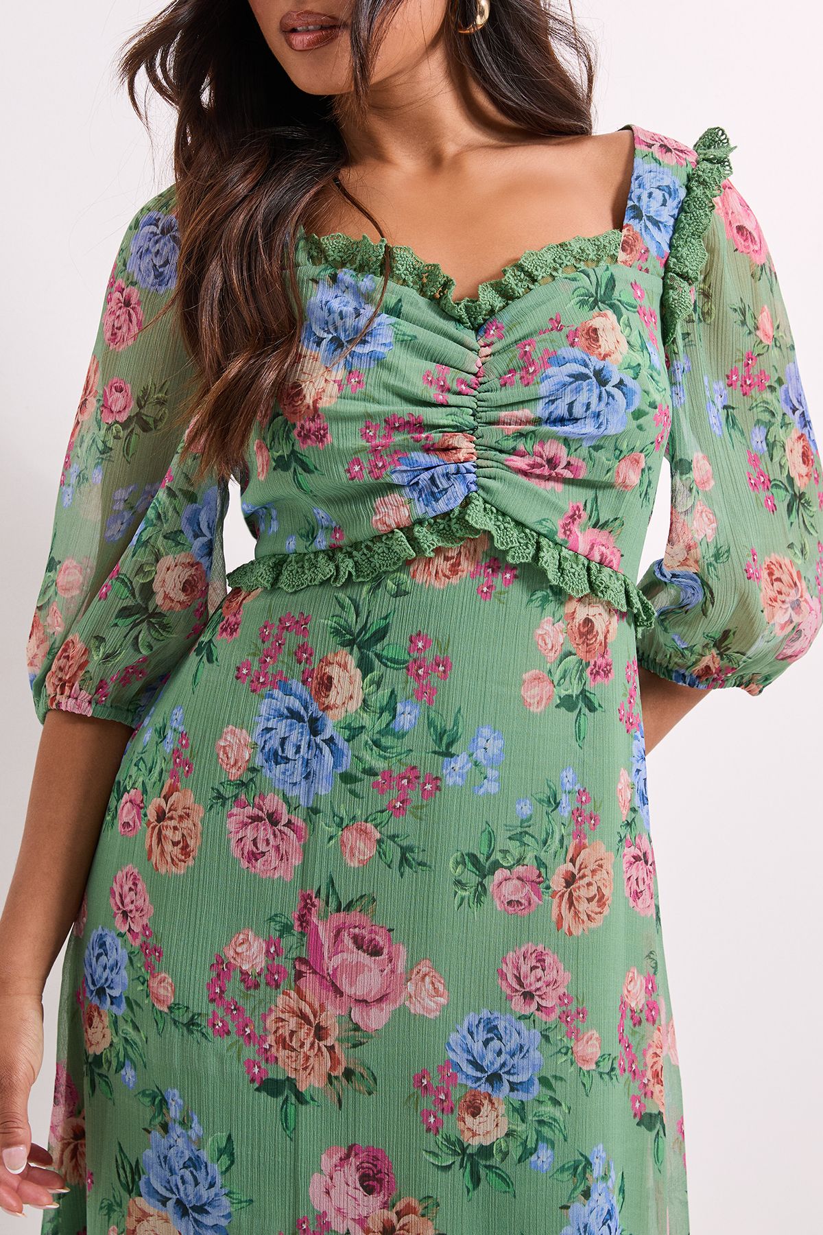 Dorothy Perkins Petite Floral Printed Lace Trim Blouson Sleeve Midi Dress Floral image 4