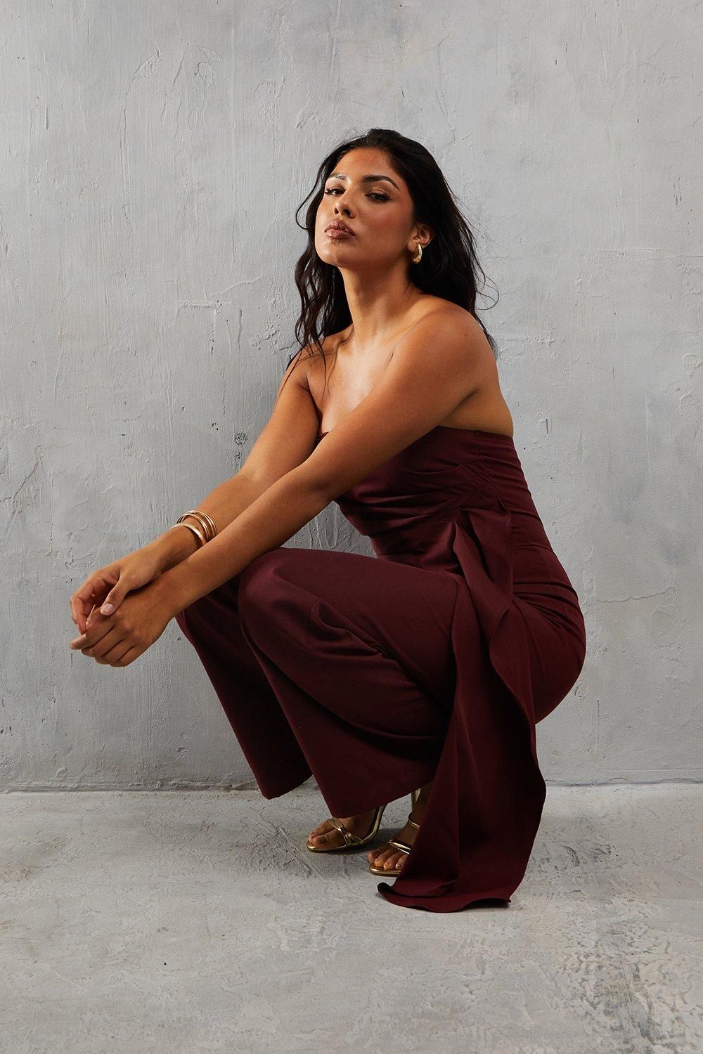 MissPap Bandeau Ruched Draped Side Wide Leg Jumpsuit Berry image 4