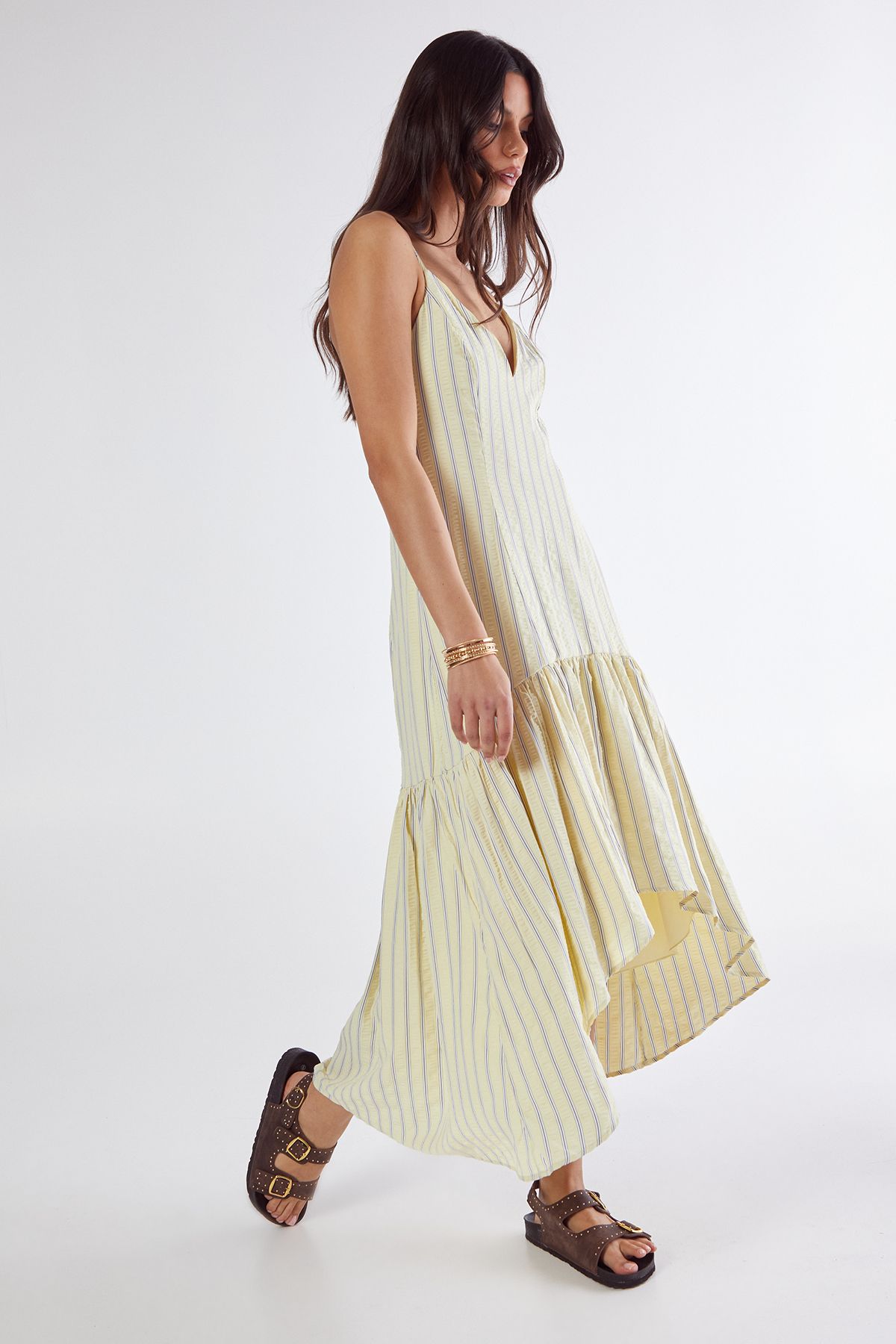 NastyGal Textured Stripe Dipped Hem Maxi Dress Lemon image 1