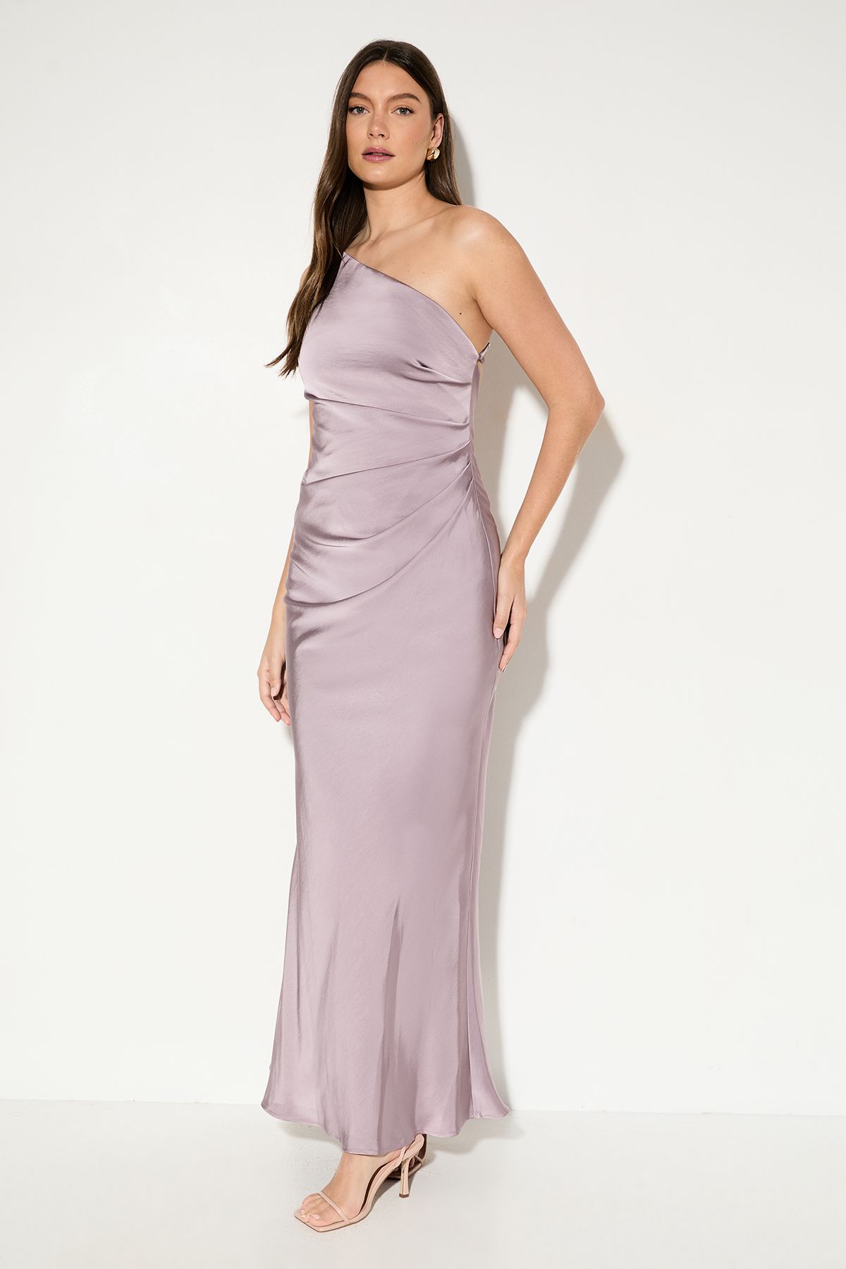 MissPap Satin Asymmetric Strap Pleated Waist Low Back Maxi Bridesmaid Dress Mauve image 1