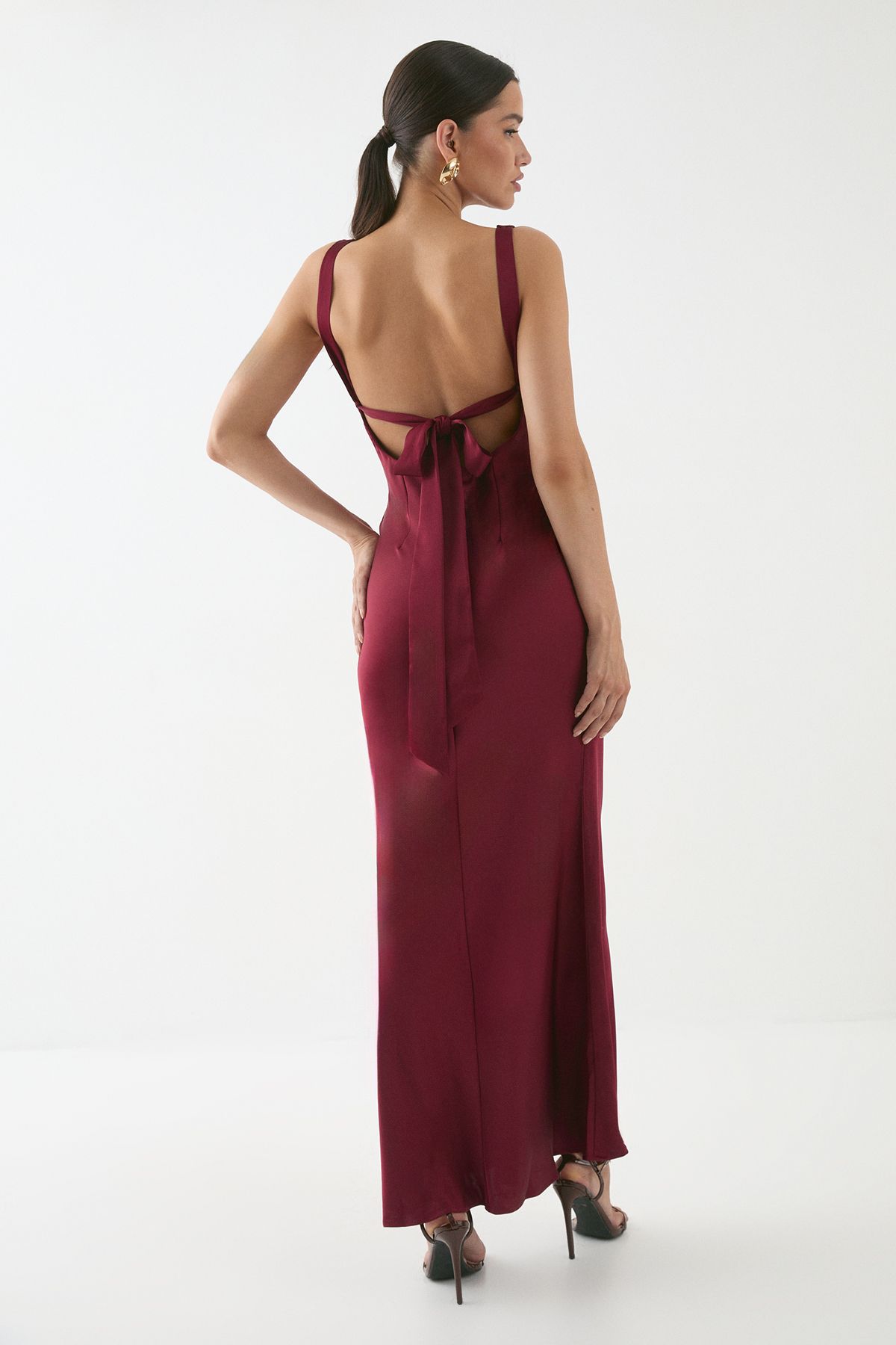 MissPap Premium Satin Cowl Neck Fishtail Maxi Bridesmaid Dress Wine image 3
