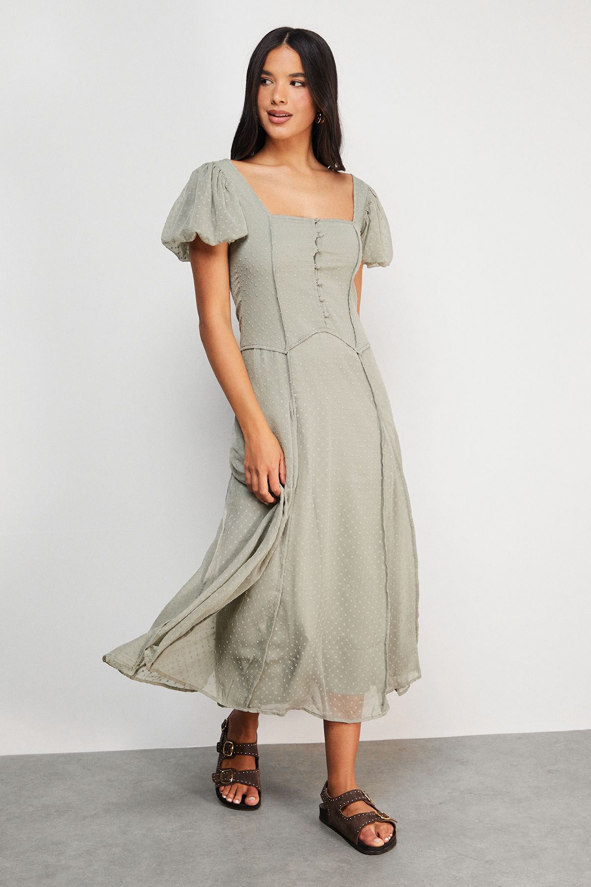 Warehouse Dobby Chiffon Button Bodice Godet Seam Midi Tea Dress Khaki image 1
