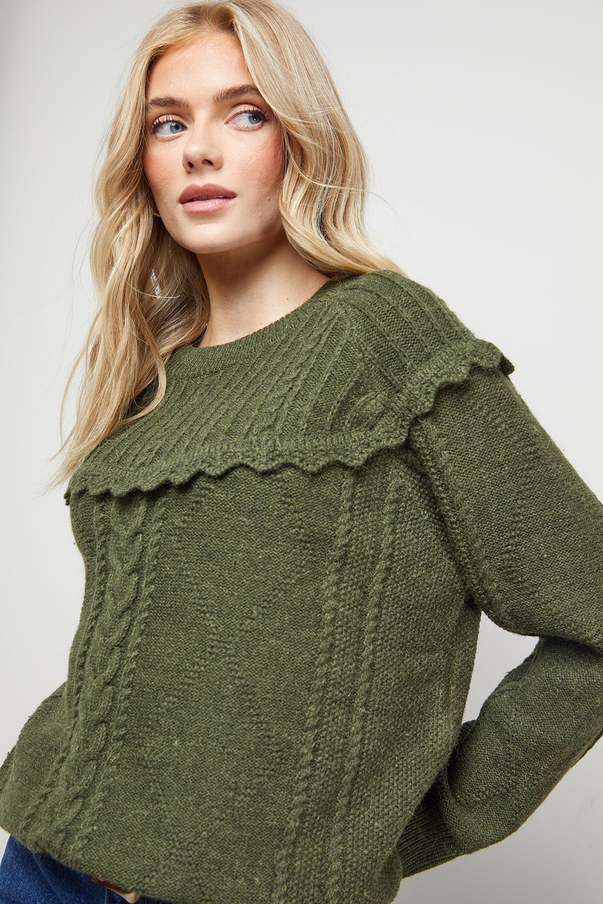 Oasis Cable Knitted Crochet Trim Detail Jumper Khaki