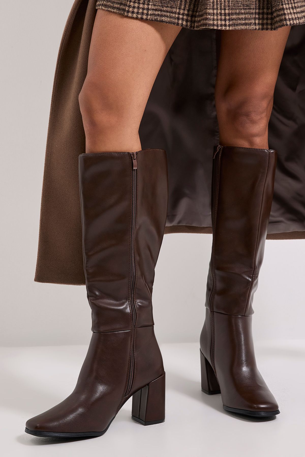 Dorothy Perkins Wide Fit Kristen Faux Leather Square Toe High Heel Knee Boots Brown image 1