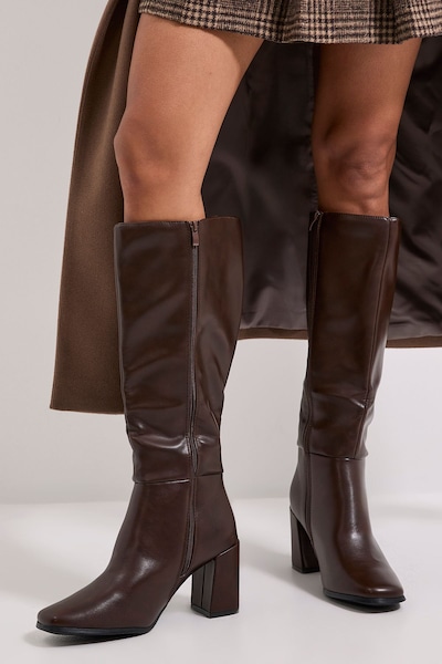 Dorothy Perkins Wide Fit Kristen Faux Leather Square Toe High Heel Knee Boots Brown
