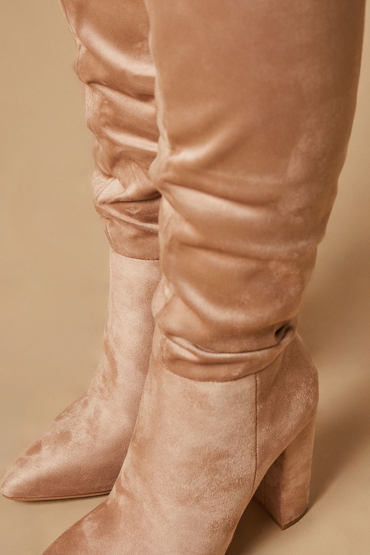 Oasis Kenia Faux Suede High Block Heel Pointed Knee Boot Taupe image 4