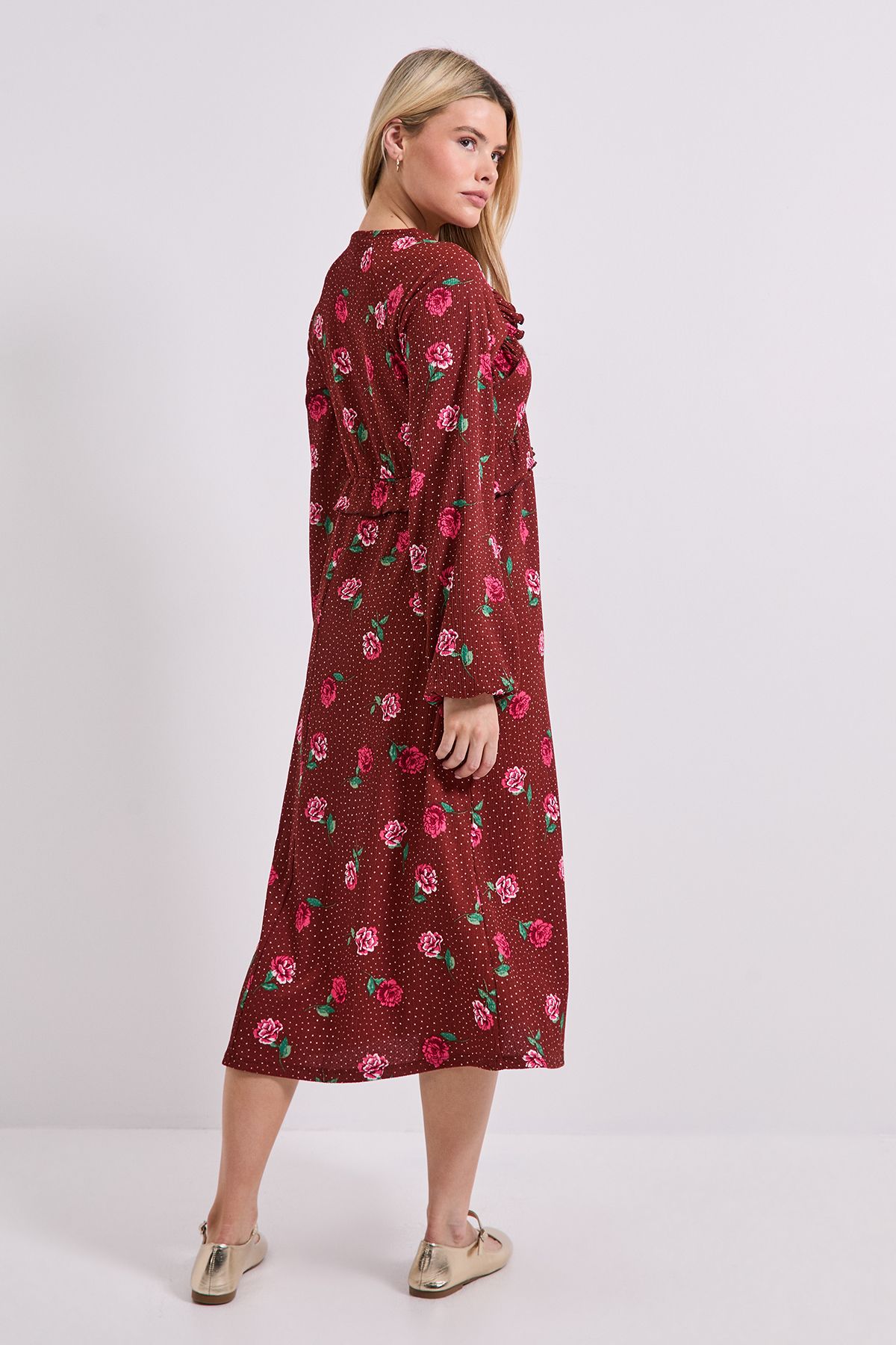 Dorothy Perkins Floral Empire Seam Frill Detail Jersey Midi Dress Burgundy image 3