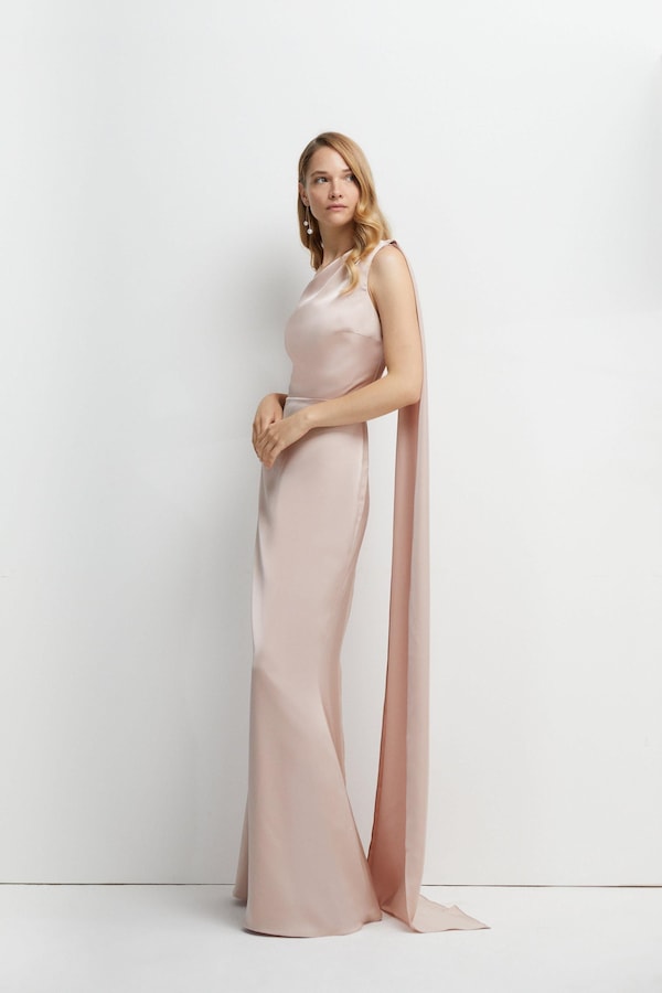Coast Coast Honoured Drape One Shoulder Satin Maxi Bridesmaid Dress Mocha