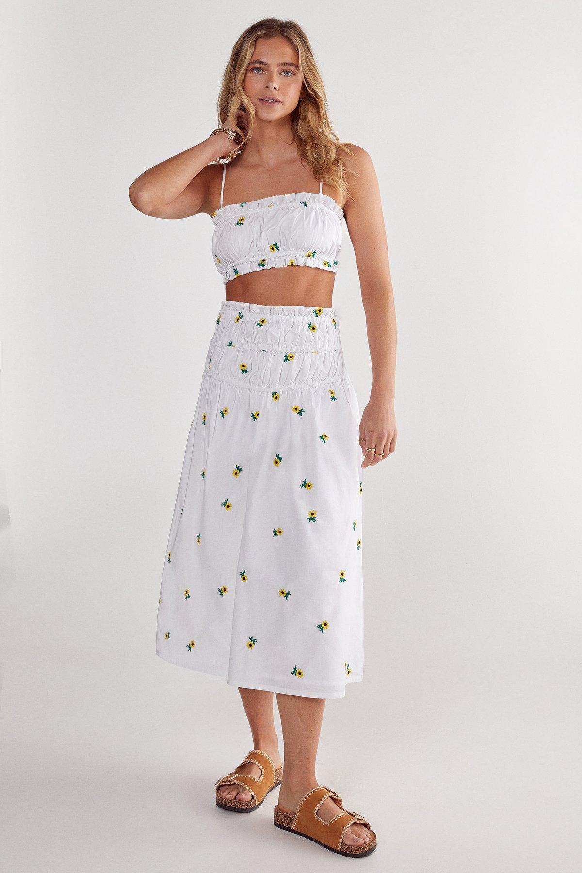 NastyGal Sunflower Embroidered Ruched Midi Skirt White image 2