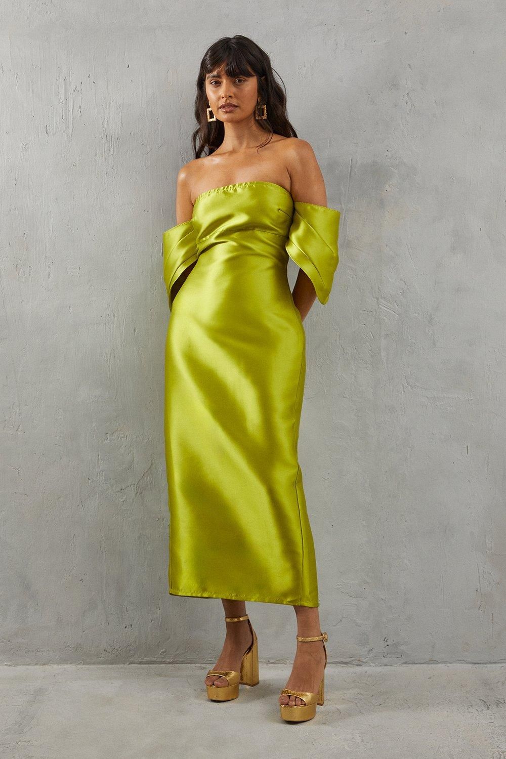 Warehouse Structured Puff Sleeve Bardot Midi Dress Chartreuse image 1