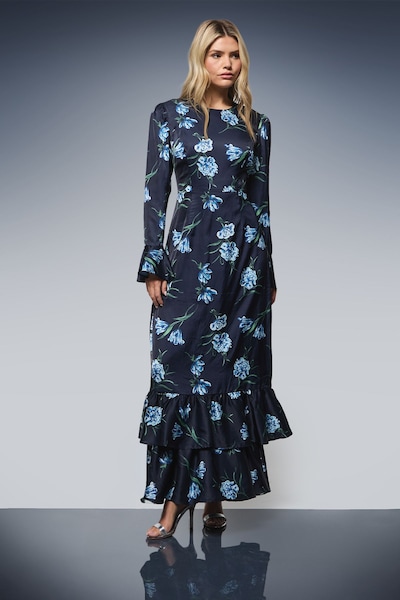 Dorothy Perkins DP Luxe Printed Satin Double Frill Hem Maxi Dress Navy