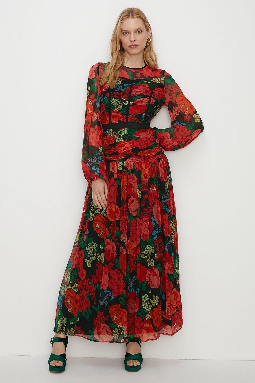 Oasis Contrast Ruched Floral Chiffon Maxi Dress Berry image 2