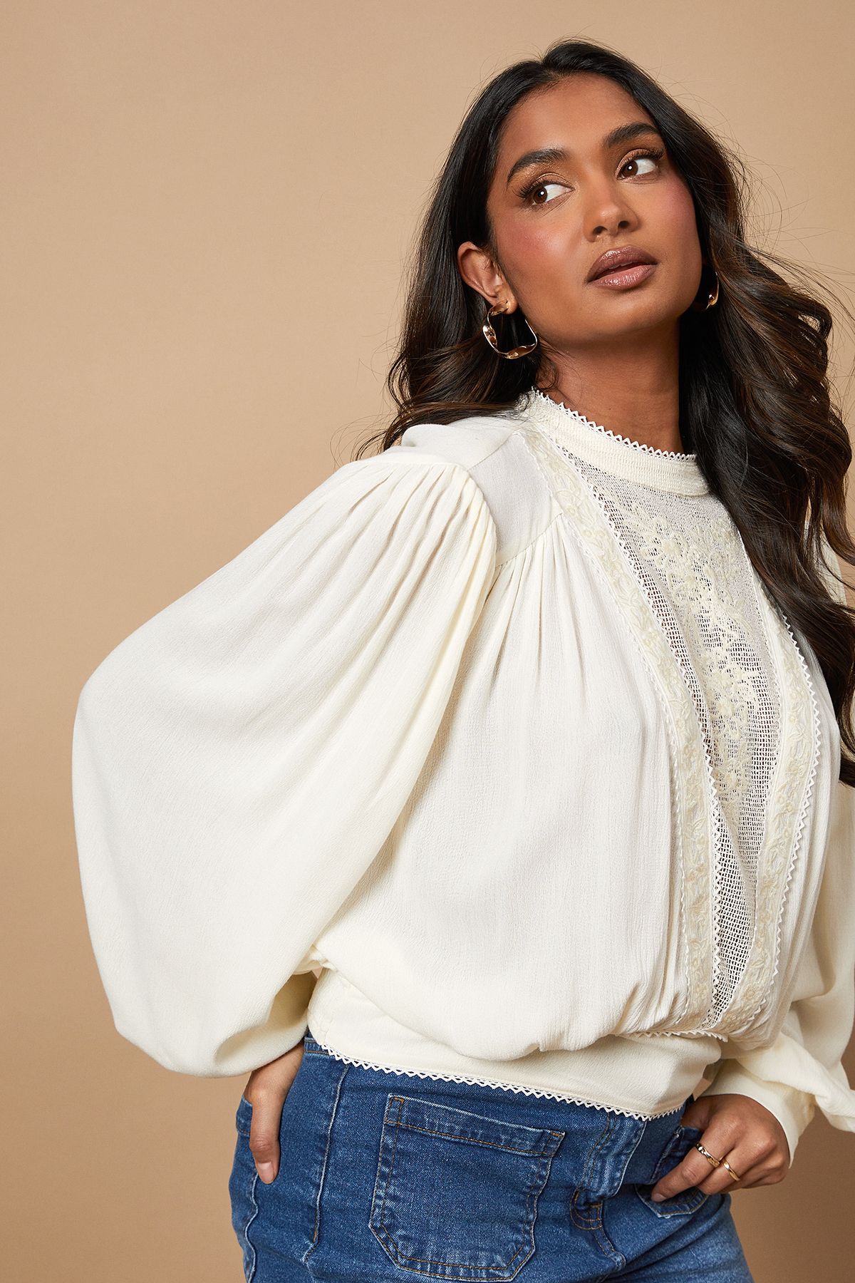 Oasis High Neck Lace Embroidered Long Sleeve Blouse Cream image 1