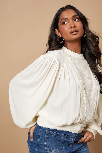 Oasis High Neck Lace Embroidered Long Sleeve Blouse Cream