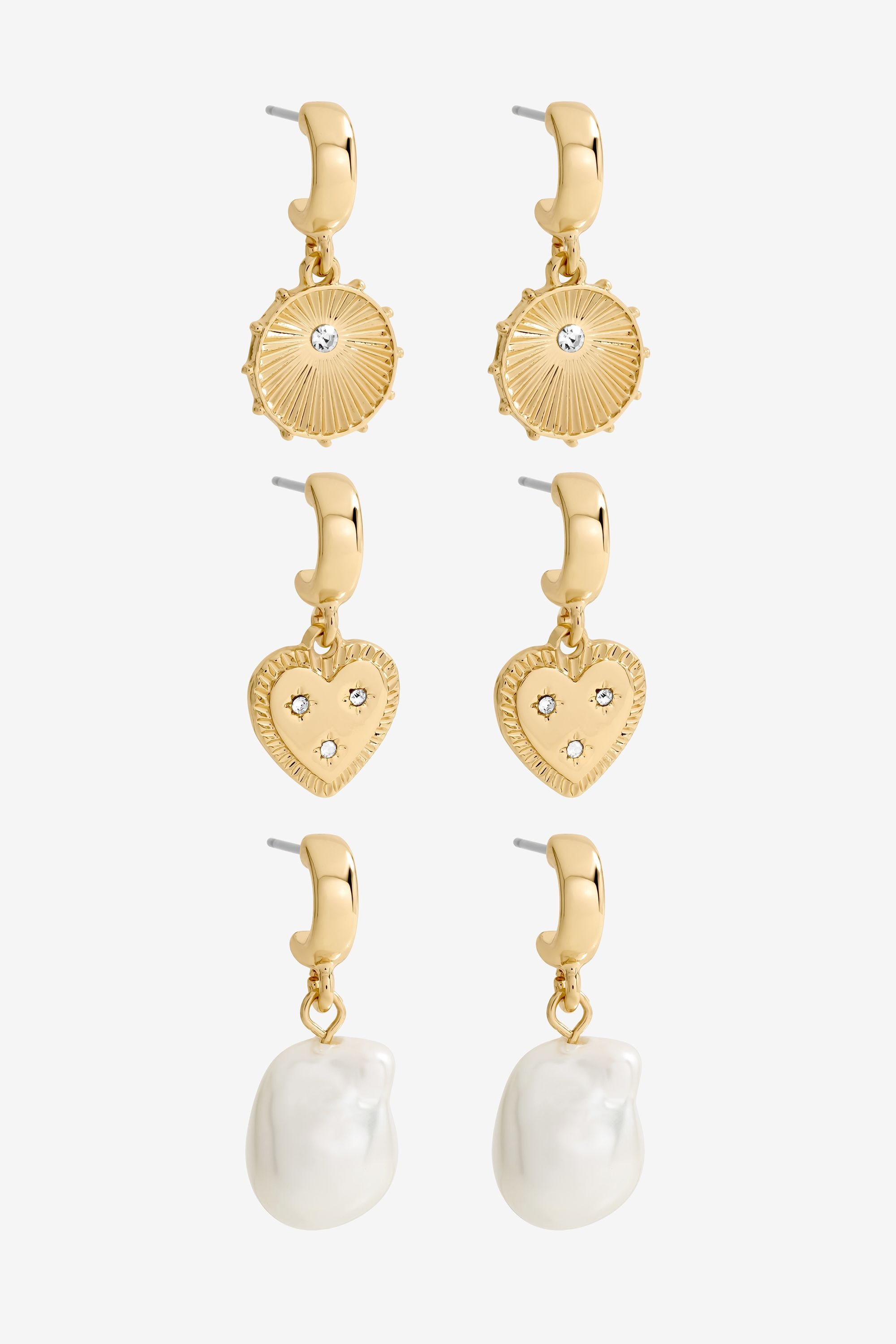 Mood Gold Plated Charm Pearl Earrings - Pack of 3