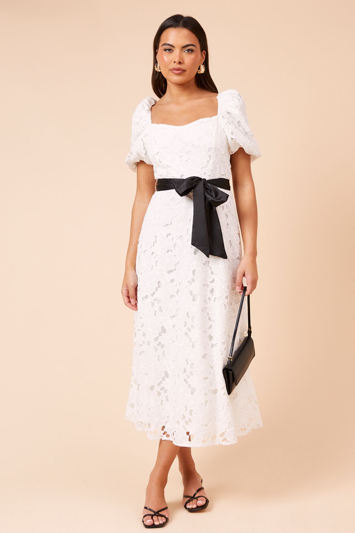 Dorothy Perkins DP Luxe Cut-Work Lace Contrast Belt Midi Dress White image 1