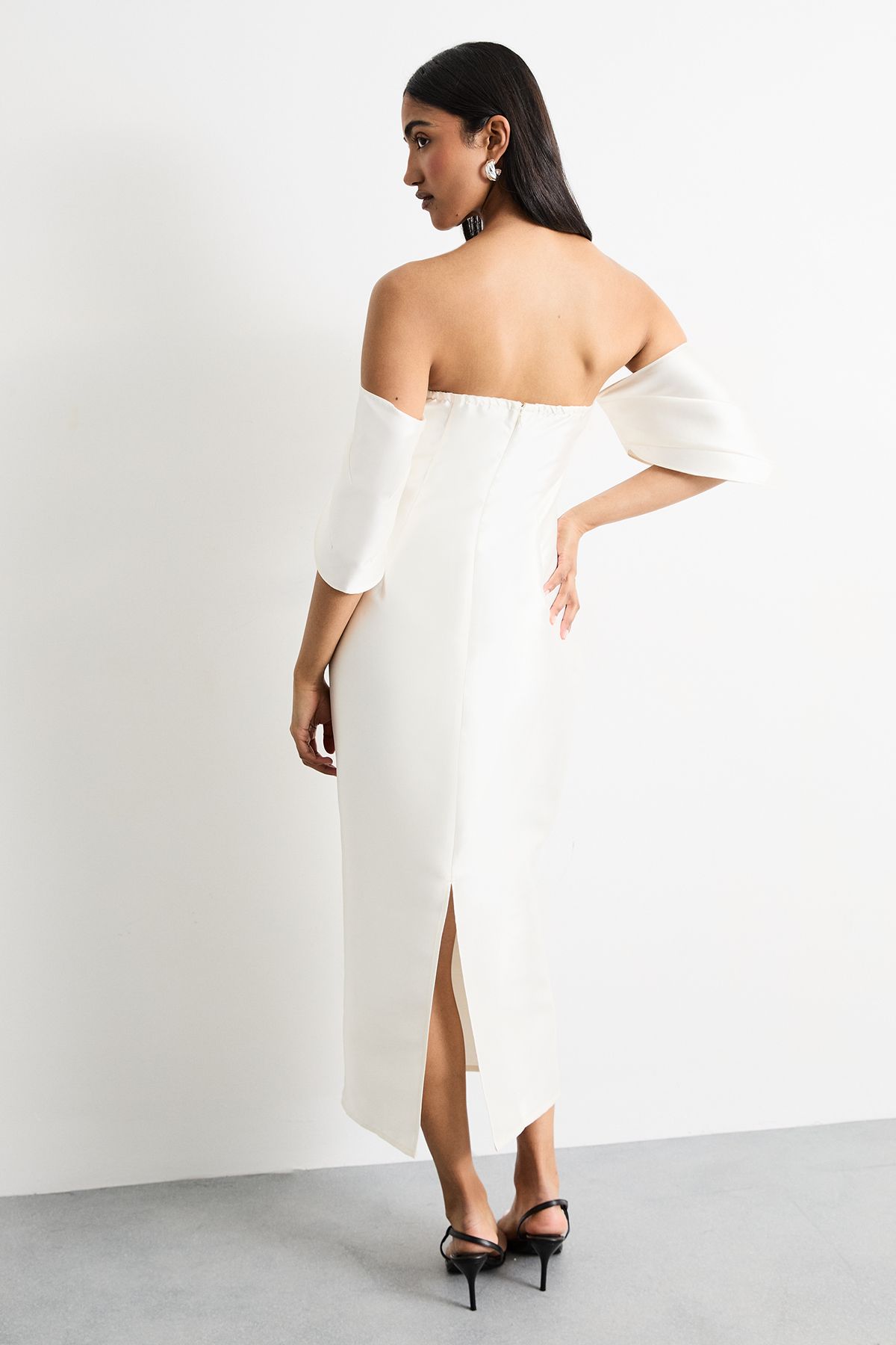 Warehouse Structured Puff Sleeve Bardot Midi Dress Ivory image 3