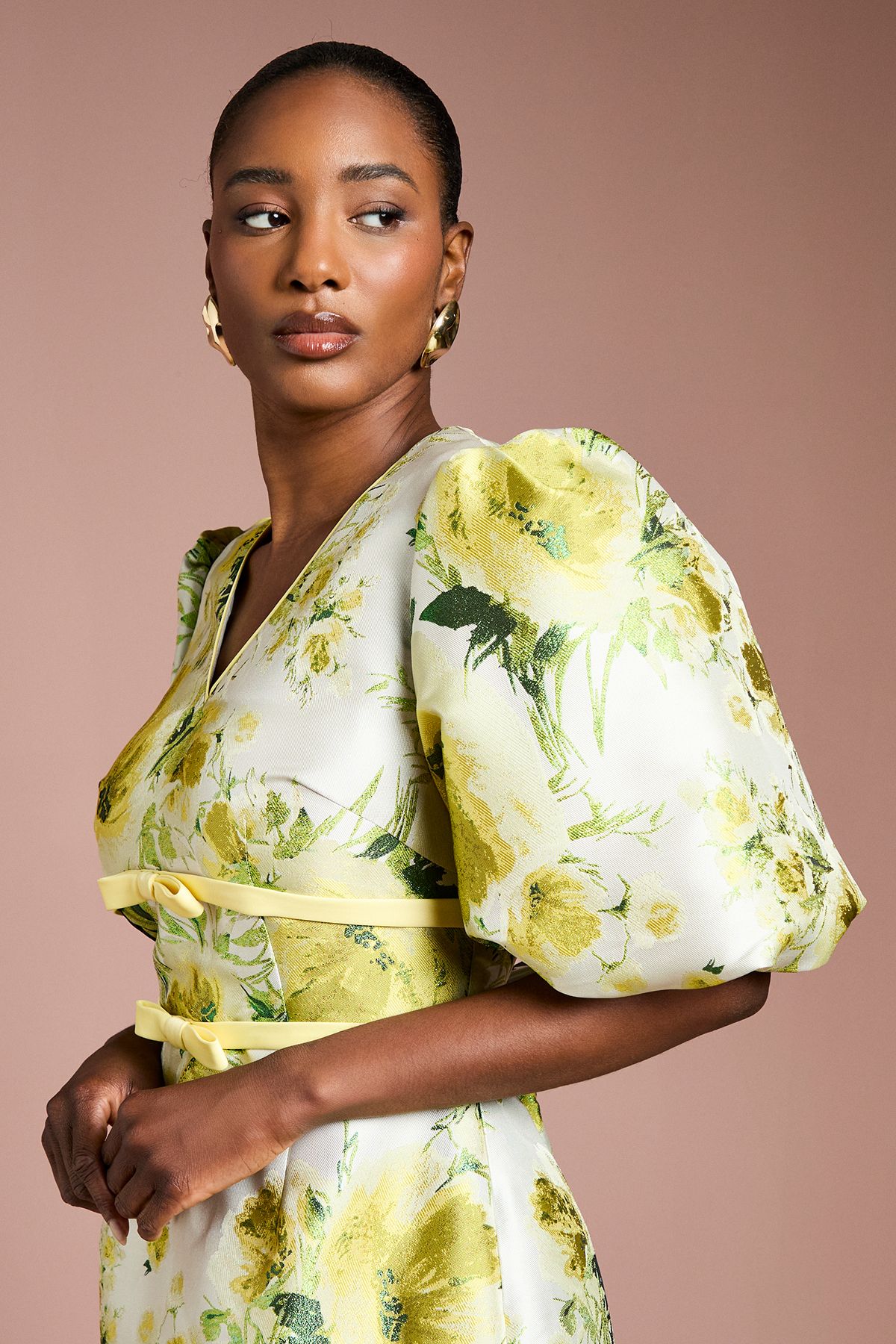 Coast Floral Jacquard Puff Sleeve Mini Dress Yellow image 5