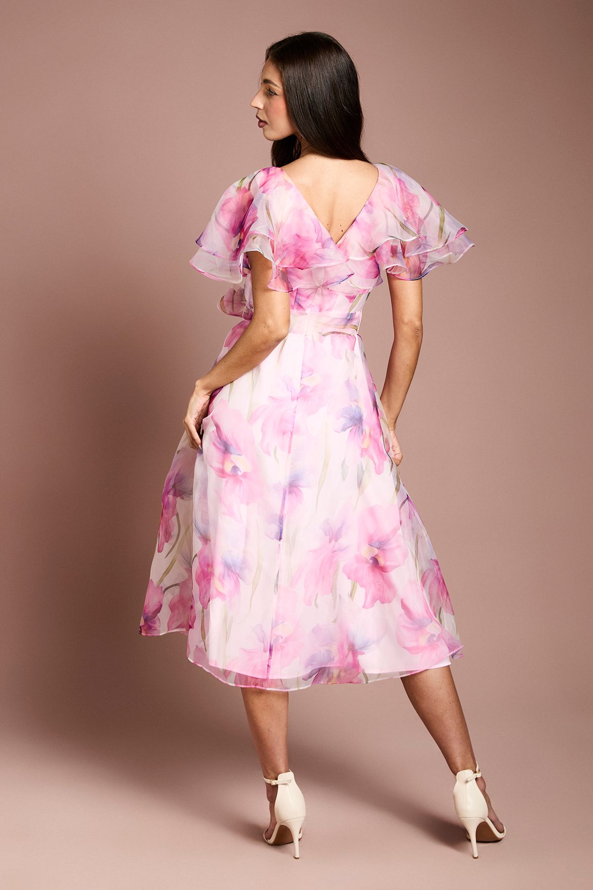Coast Printed Organza Ruffle Sleeve Midi Dress Pink image 3