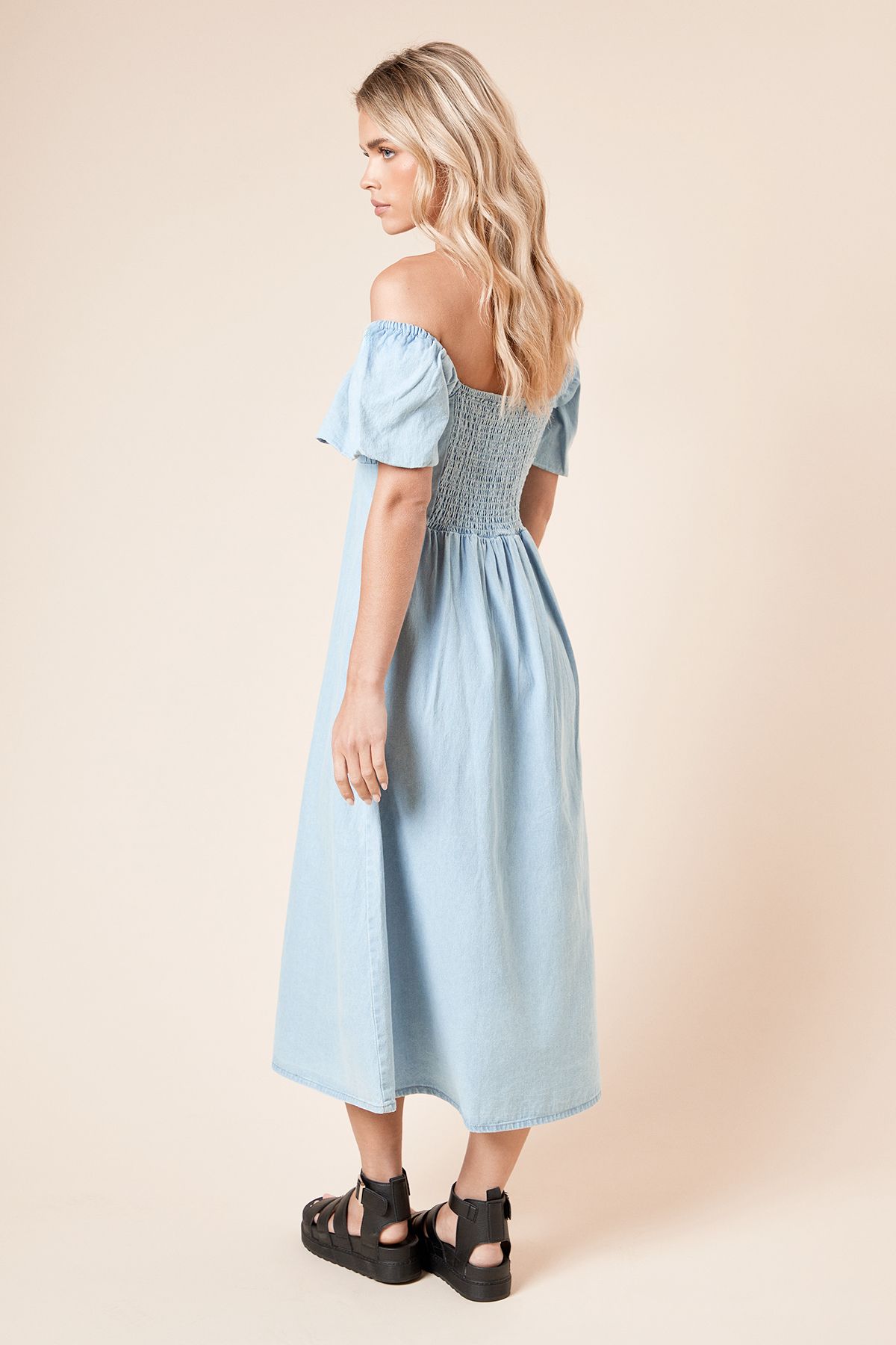 Dorothy Perkins Petite Chambray Bust Detail Midi Dress Light Wash image 3