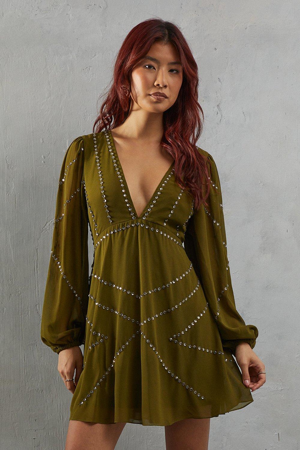 Warehouse Premium Chiffon Embellished Sequin Plunge Neck Mini Dress Olive image 1
