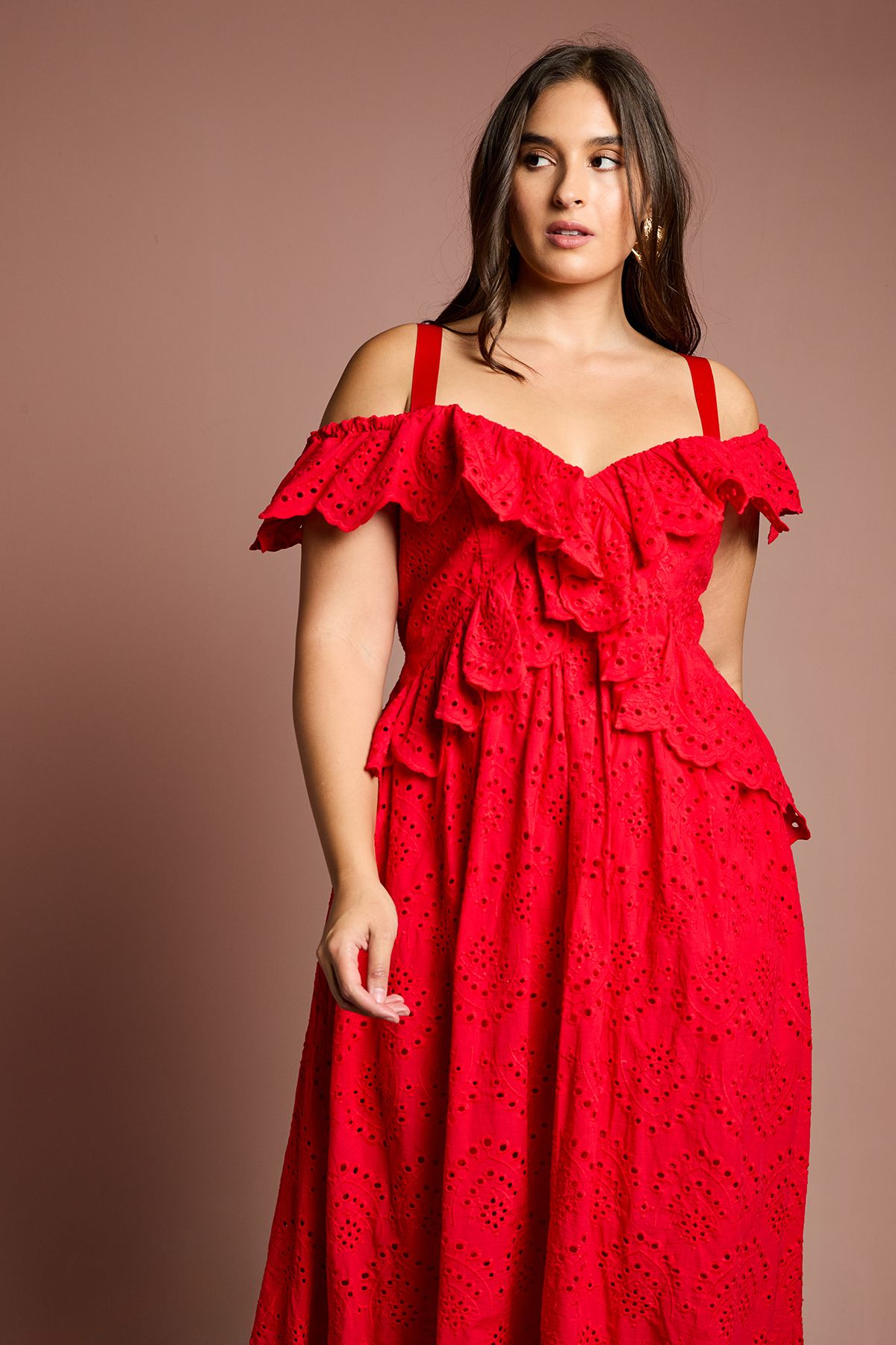 Coast Plus Strappy Cold Shoulder Broderie Frill Midi Dress Red image 4