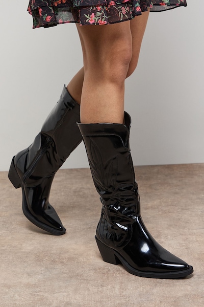 Oasis Louise Faux Leather Stitch Detail Western Knee Boots Black