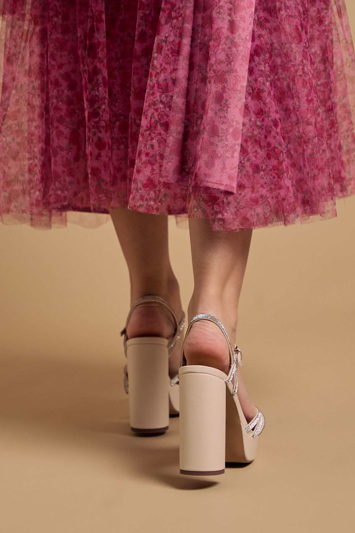 Oasis Mona Faux Leather Embellished High Block Heel Platform Sandals Beige image 4