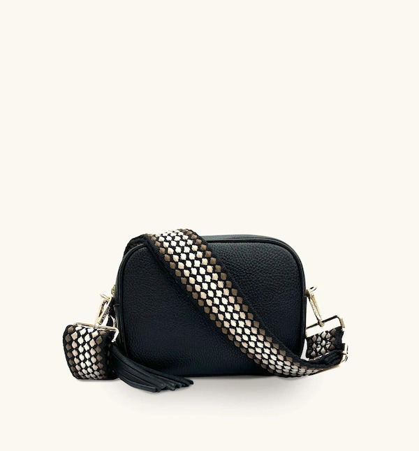 Apatchy London Black Leather Crossbody Bag With Cappuccino Dots Strap