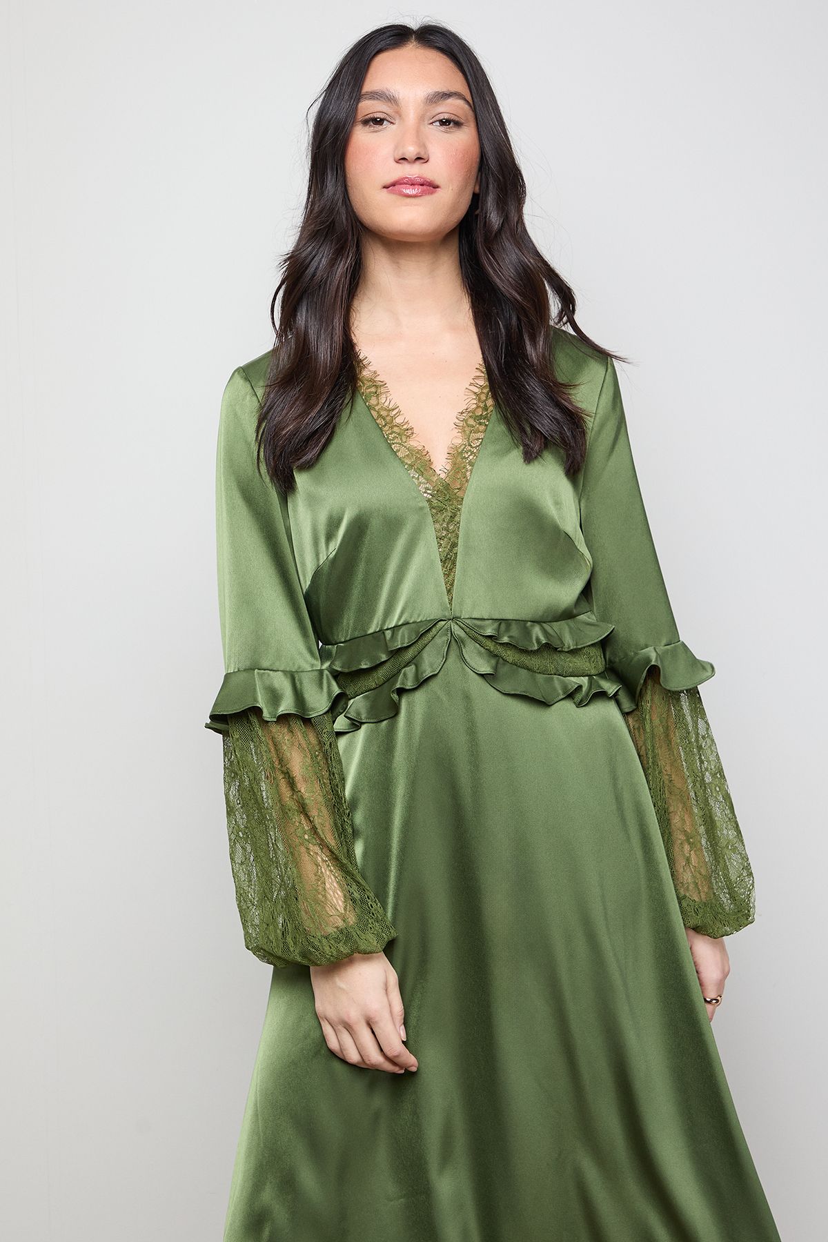 Oasis Lace Sleeve Frill Waist V Neck Midi Dress Olive image 2