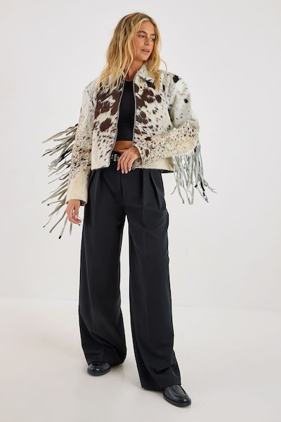 NastyGal Animal Cow Hide Leather Zip Through Fringe Jacket Animal