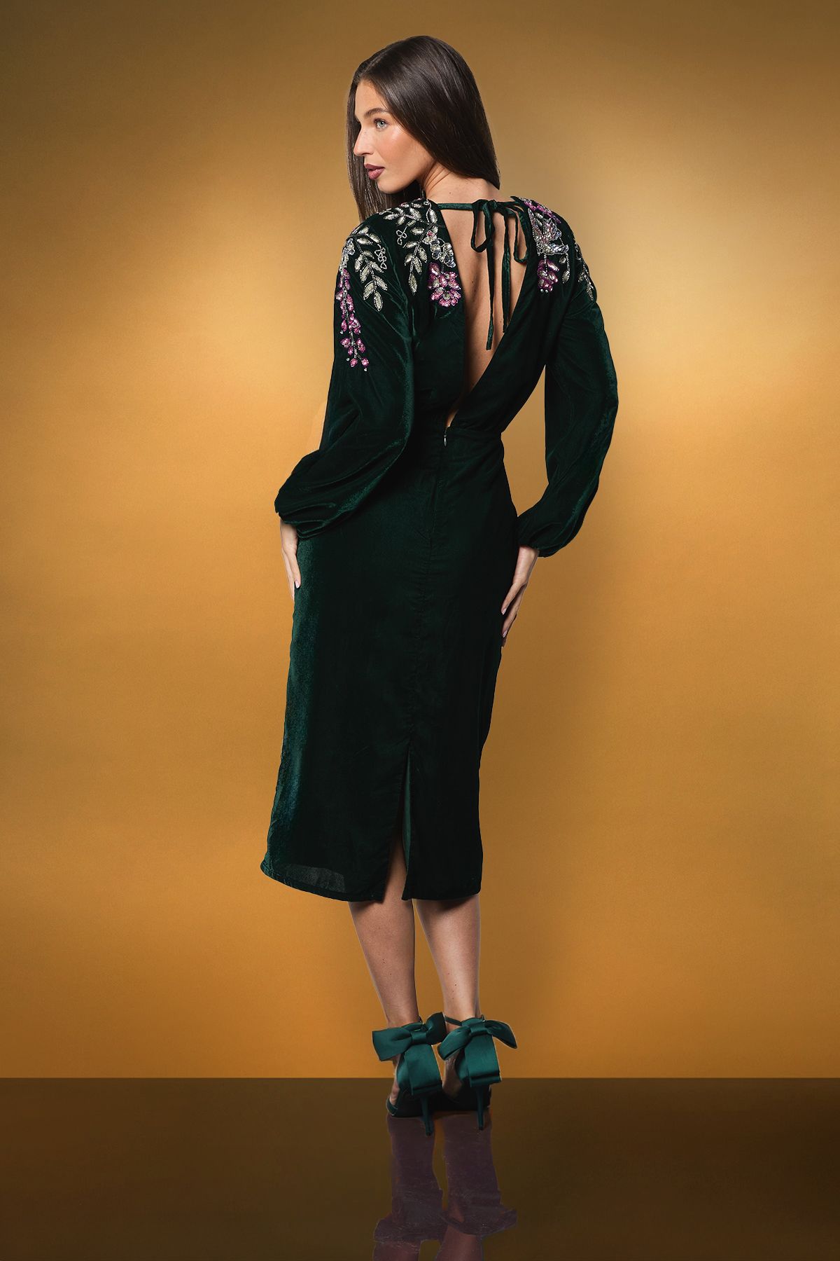 Coast Encrusted Floral Long Sleeve Velvet Midi Dress Emerald image 3