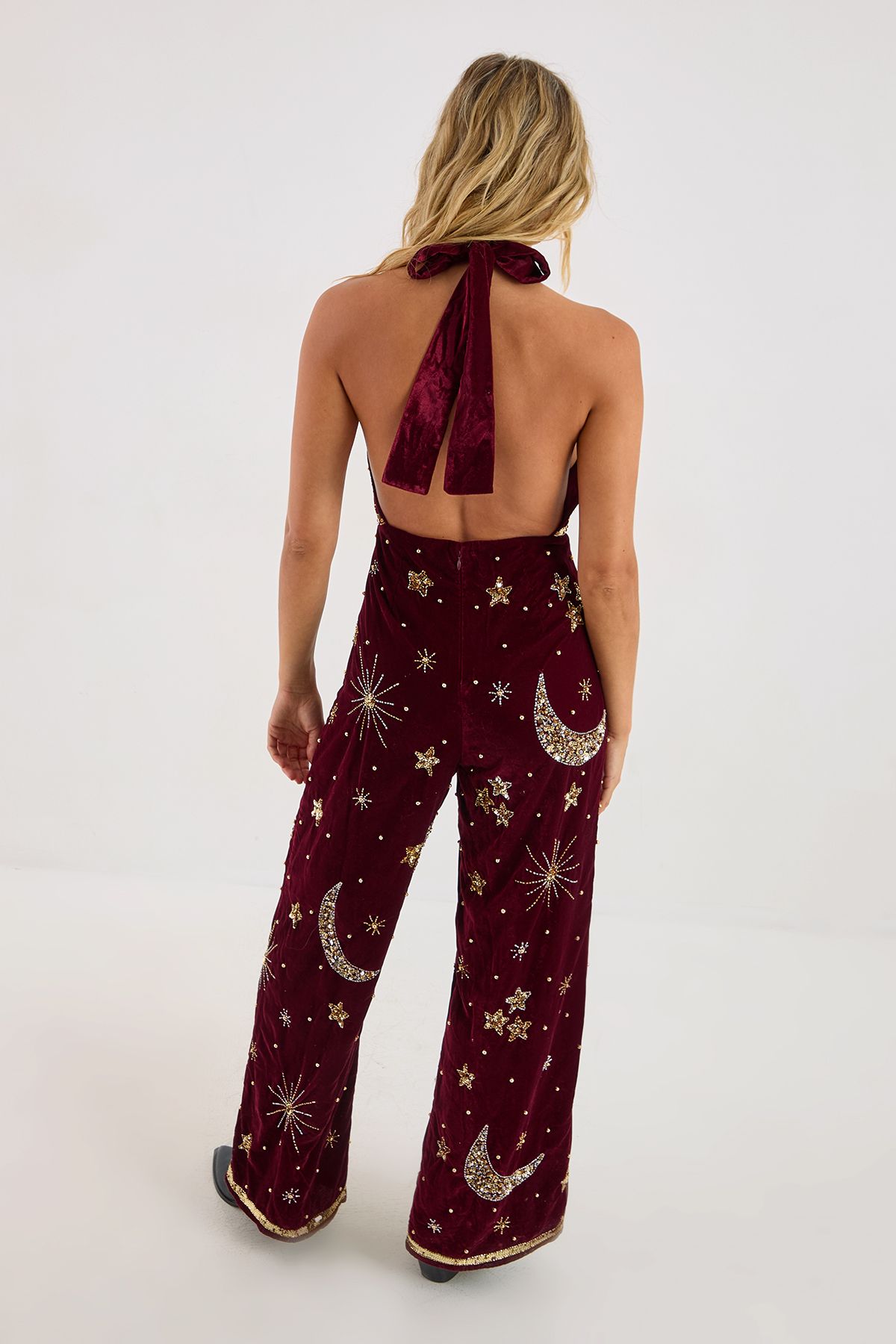 NastyGal Velvet Celestial Halter Neck Jumpsuit Wine image 4