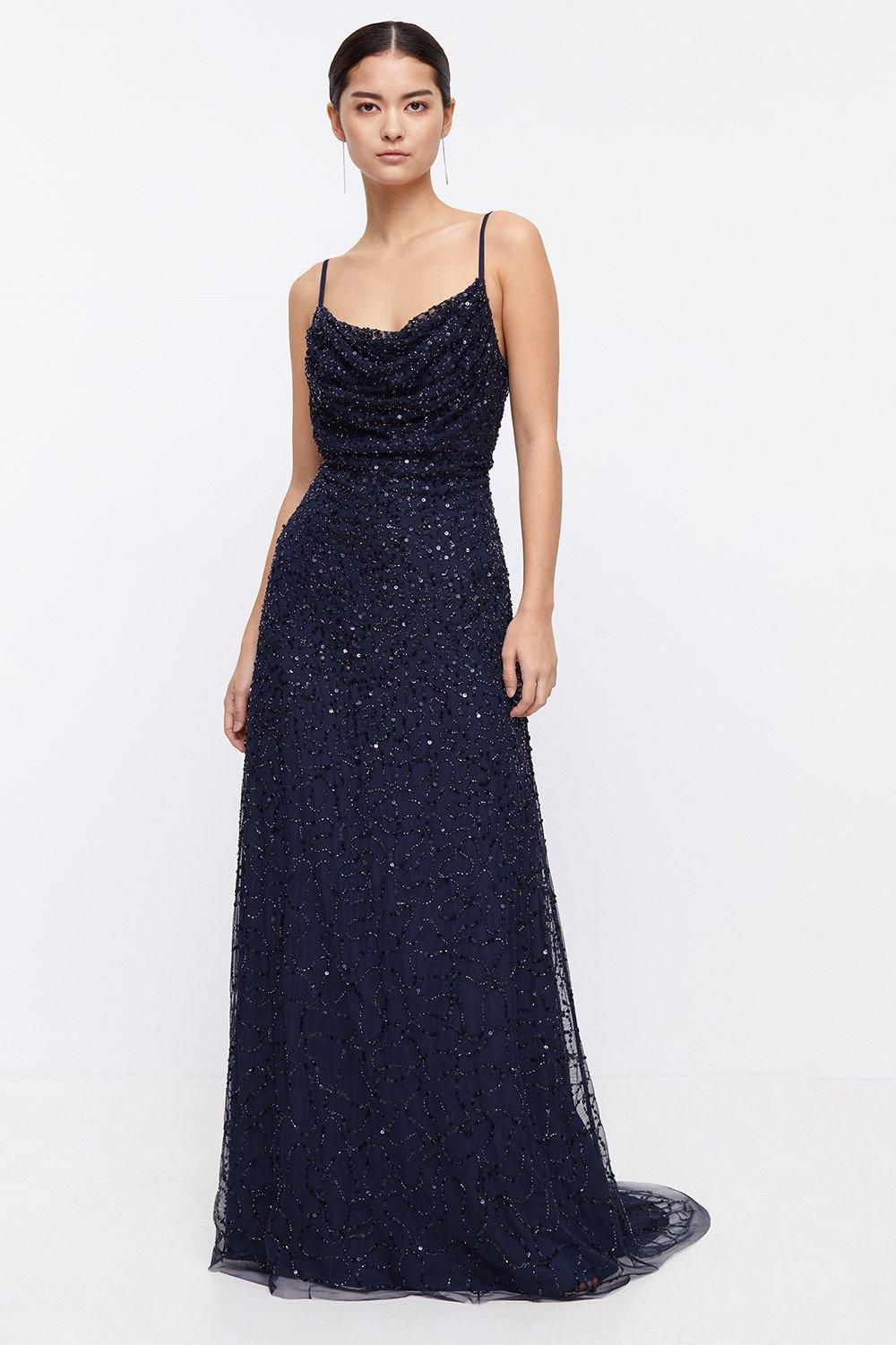 Coast Petite Cowl Neck Strappy Sequin Maxi Dress Navy image 1