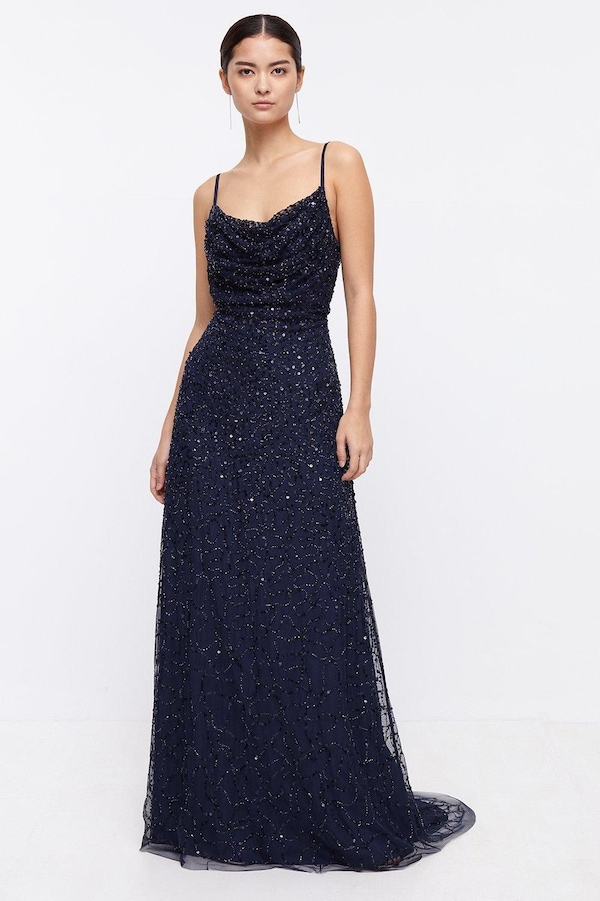 Coast Petite Cowl Neck Strappy Sequin Maxi Dress Navy
