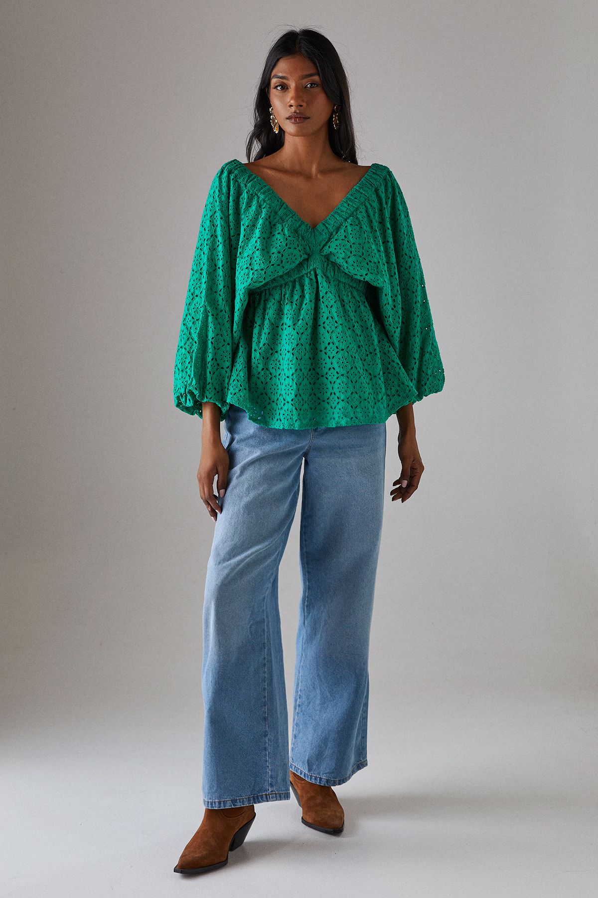 Warehouse Blouson Broderie Top With Grown On Sleeve Bright Green image 4