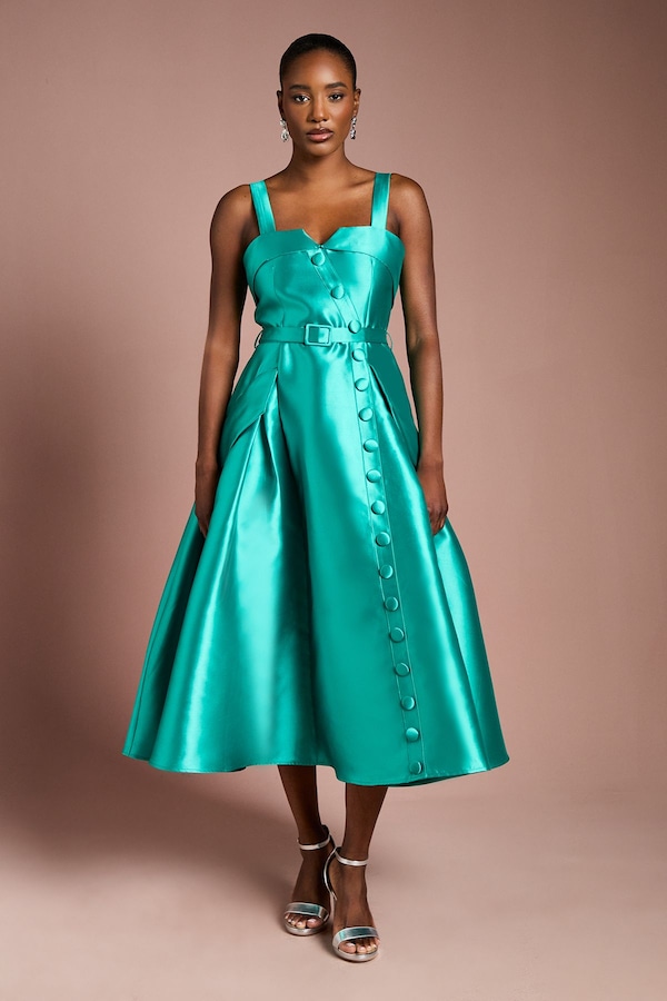 Coast Twill Volume Belted Midi Dress Teal
