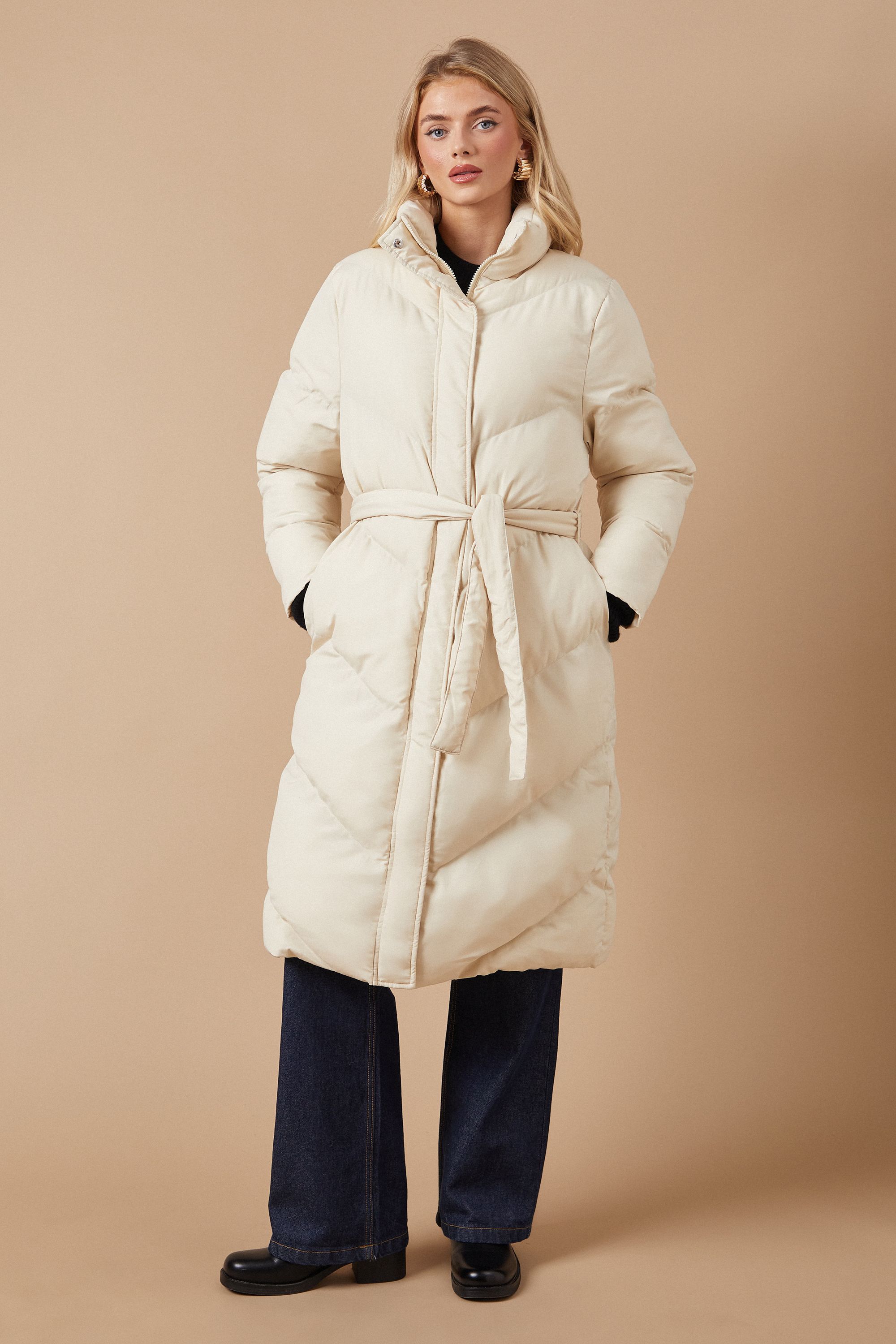 Oasis Belted Midi Padded Funnel Neck Coat Neutral image 2