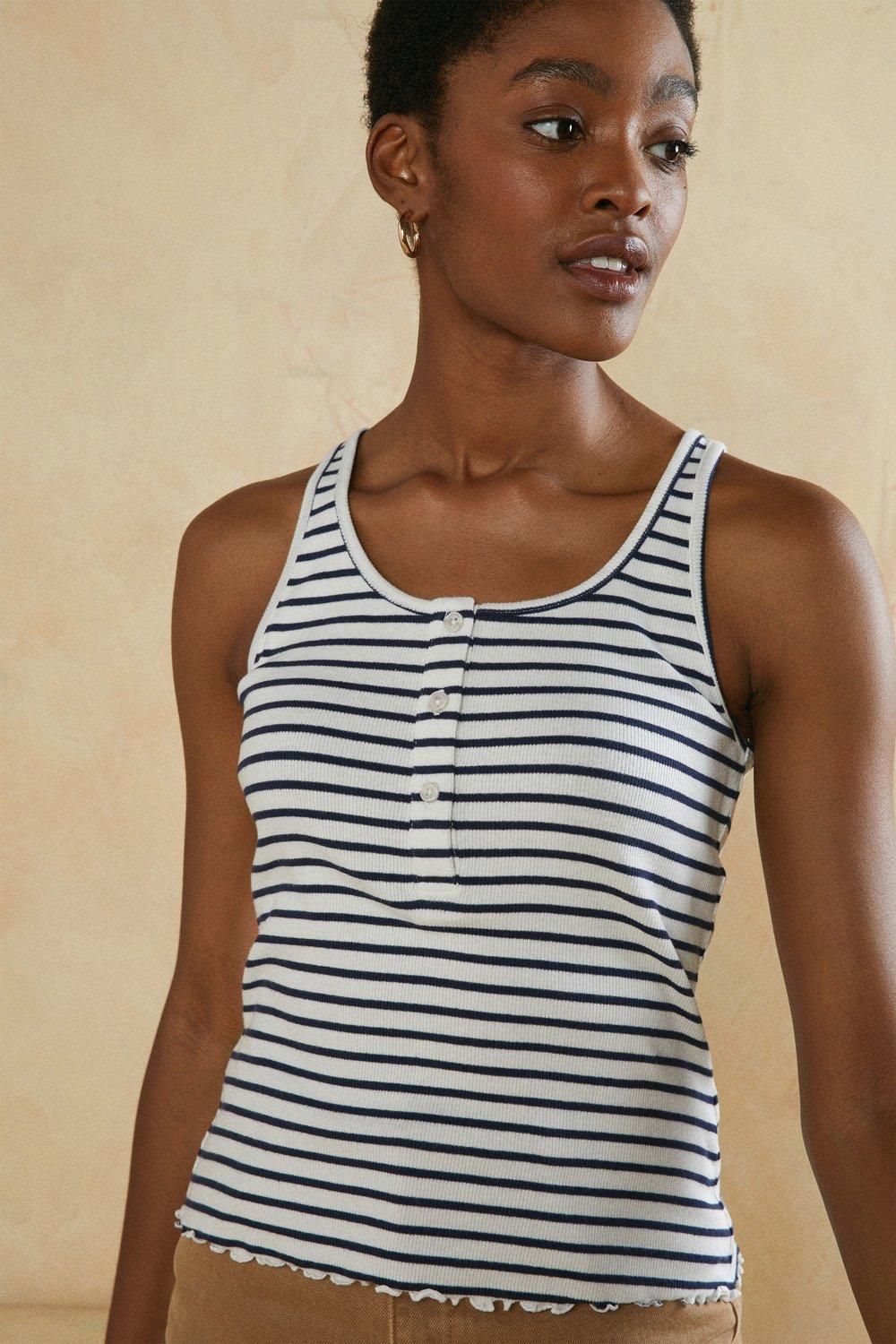 Oasis Cotton Stripe Rib Scoop Neck Vest Navy image 4