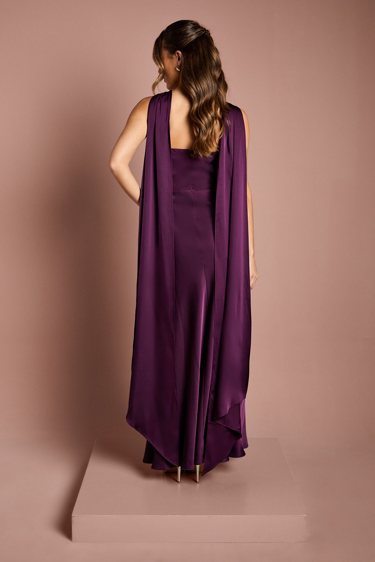 Coast Satin Halterneck Maxi Bridesmaid Dress with Over The Shoulder Drape Detail Grape image 3