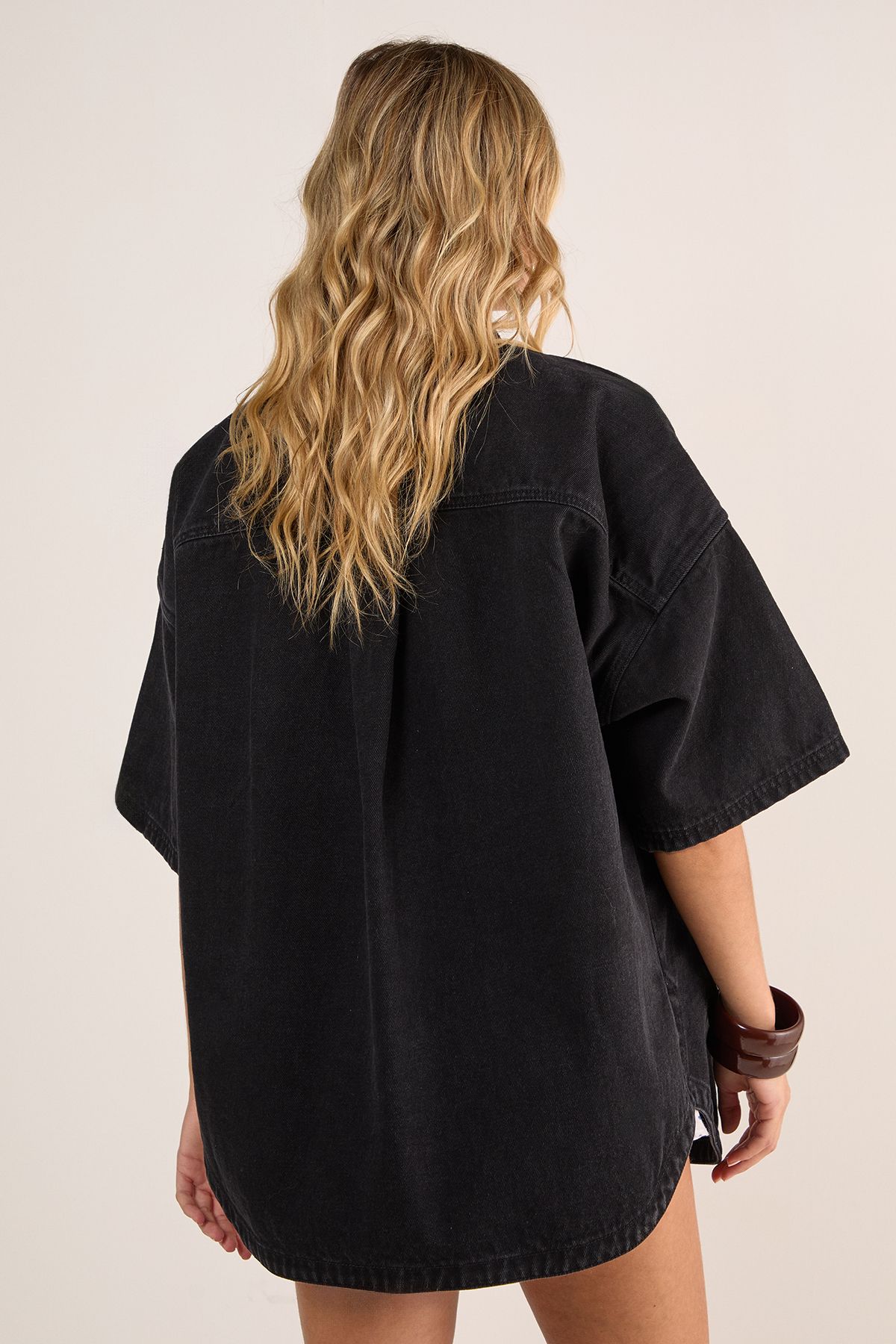 NastyGal Denim Boxy Short Sleeve Shirt Washed Black image 4