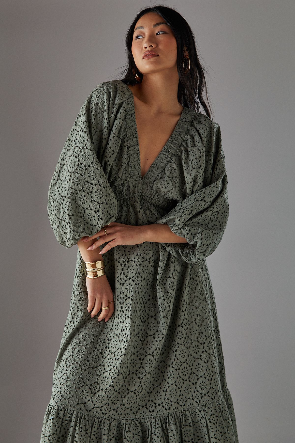 Warehouse Petite Broderie Plunge Neck Volume Sleeve Smock Midi Dress Khaki image 2