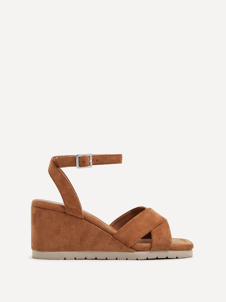 Linzi Imogen Tan Faux Suede Covered Crossover Wedge image 1