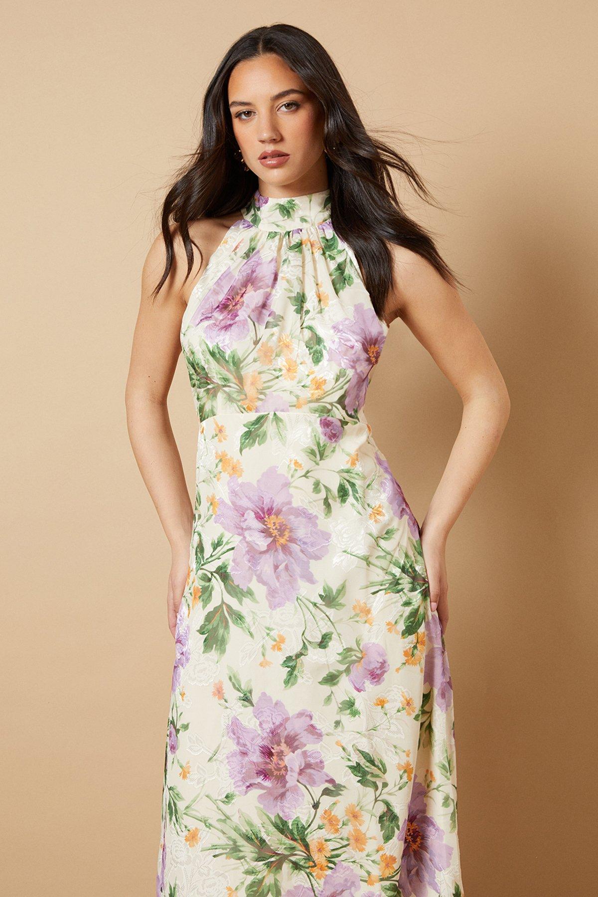 Oasis Floral Satin Burnout Halterneck Midi Dress Ivory image 4