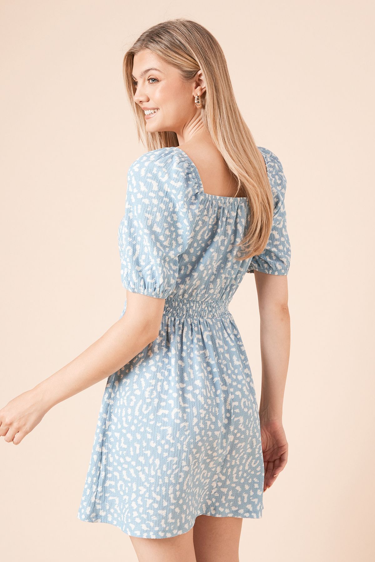 Dorothy Perkins Leopard Puff Sleeve Ruched Bust Jersey Mini Dress Blue image 4