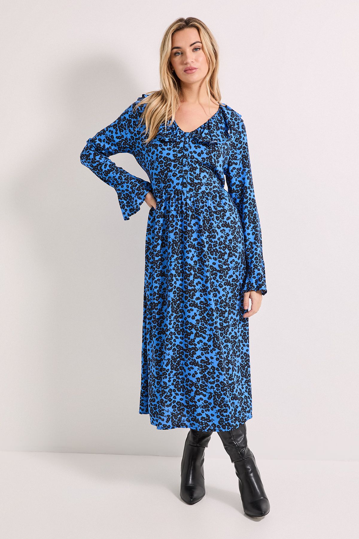 Dorothy Perkins Blue Floral Frill Neck Button Front Printed Midi Dress Blue image 1