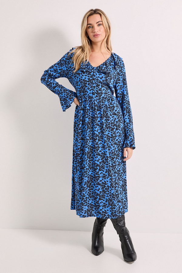 Dorothy Perkins Blue Floral Frill Neck Button Front Printed Midi Dress Blue