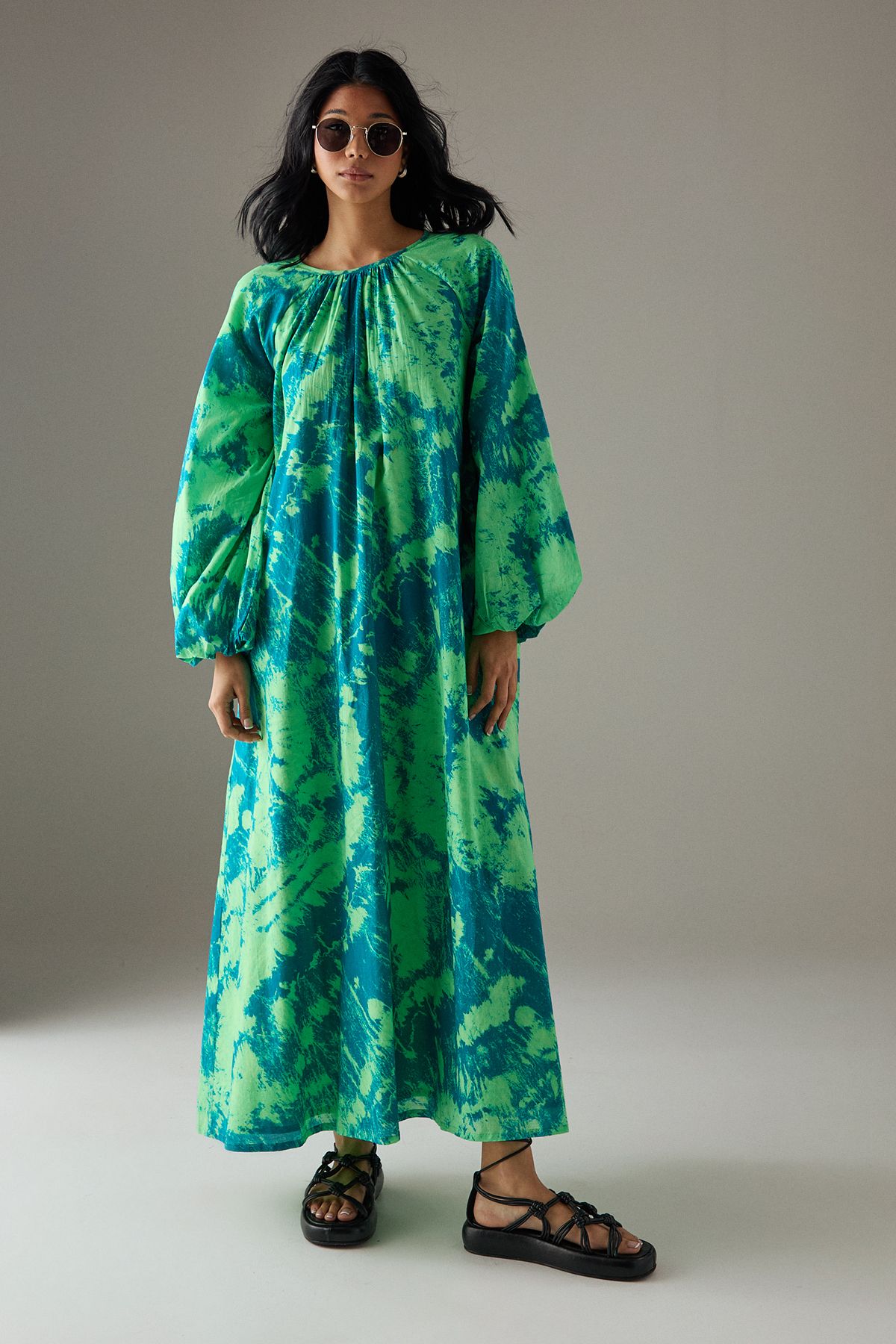 Warehouse Cotton Trapeze Smock Midi Dress Blue